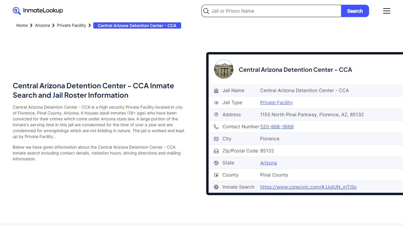 Central Arizona Detention Center - CCA Inmate Search, Jail Roster ...